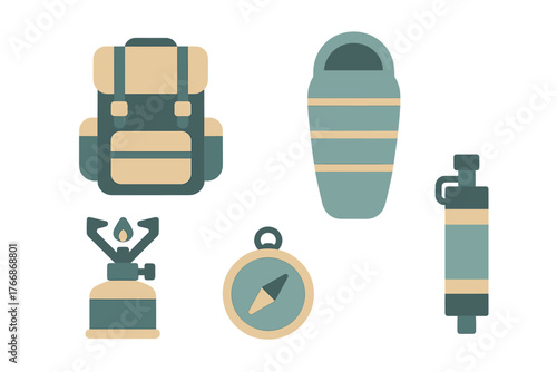 Essential hiking and camping gear including backpack, sleeping bag, stove, compass, and water bottle