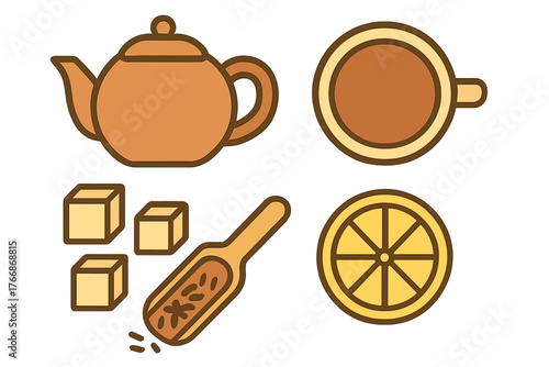 Ceramic teapot, hot drink cup, sugar, spices, and citrus fruit collection for tea time