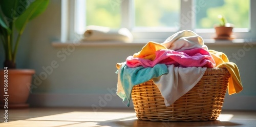 A single basket overflowing with colorful laundry sits ready to be washed Sunlight streams through a nearby window, illuminating the vibrant clothing and linens within , duvet, detergent