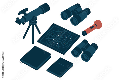Essential equipment for amateur astronomy and night sky observation in isometric view