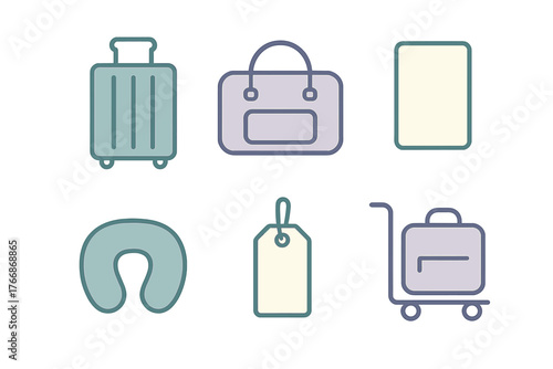 Essential travel and luggage items including suitcase, duffel bag, neck pillow, and baggage tag