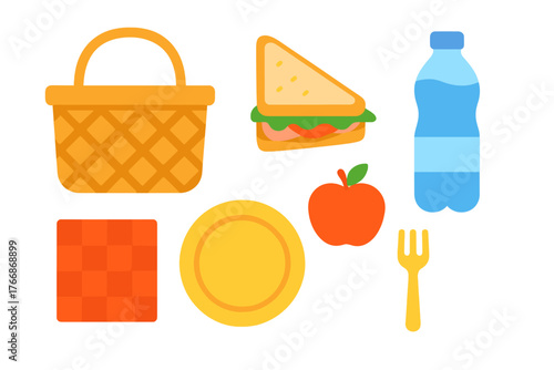 Essential items for an outdoor picnic featuring a basket, sandwich, water bottle, apple, and utensils