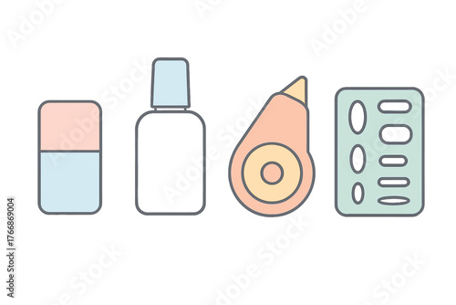 Set of essential correction tools: rubber eraser, correction fluid bottle, and tape dispenser