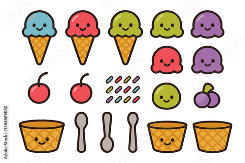 Cute colorful ice cream dessert elements set with smiling faces and sweet toppings