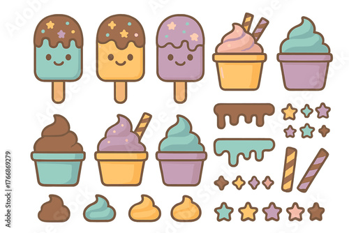 Cute set of colorful frozen dessert elements including popsicles, soft serve cups, and sweet toppings