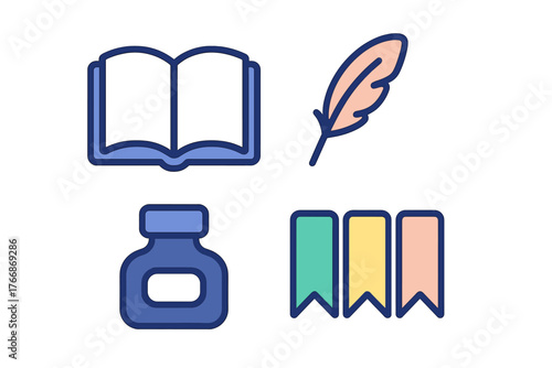 Colorful icons for reading, writing, and education: open book, feather quill, ink bottle, and bookmarks