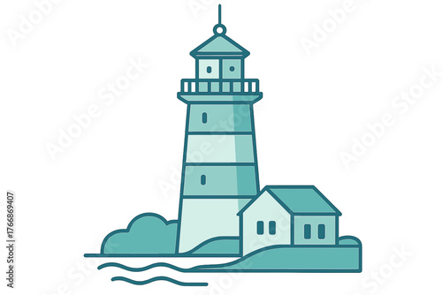 Coastal lighthouse tower and keeper's house icon on the shore near ocean waves