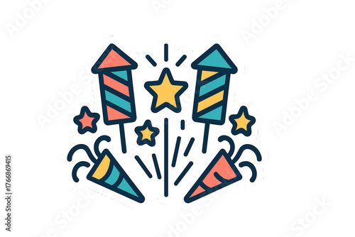 Colorful fireworks rockets and party poppers exploding with stars and confetti for a festive celebration design