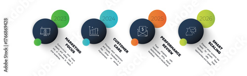 Vector infographic design template. Modern timeline concept with 4 steps, circles. Vector illustration used for diagram, workflow layout, banner, webdesign