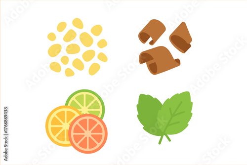 Assortment of cocktail and beverage garnishes featuring citrus slices mint leaves and cinnamon curls