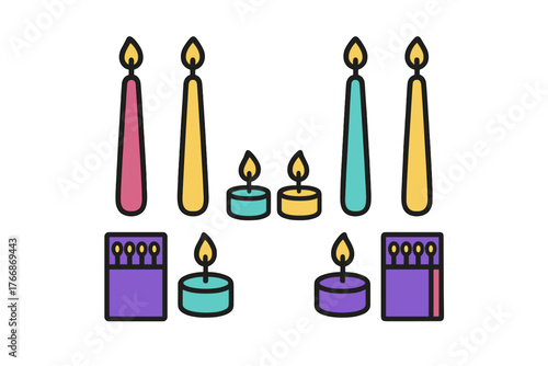Colorful burning candles and matchboxes arranged symmetrically on a white background