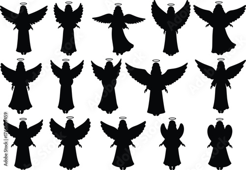 Angel silhouette collection with halo and wings, religious spiritual icon set, Christmas holiday decoration design, cad drawing flat vector illustration