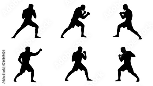 Dynamic boxer silhouettes showcase strength and agility, perfect for fitness, sports, and motivational themes in a modern design, originally a scalable vector graphic