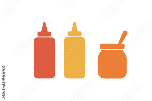 Trio of food condiments: ketchup, mustard, and dipping sauce in squeeze bottles and jar