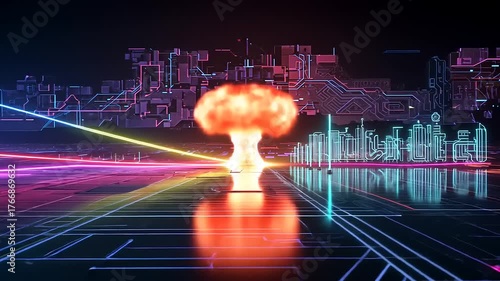Cyberpunk City Nuclear Explosion - A Digital Apocalypse Unfolds.
