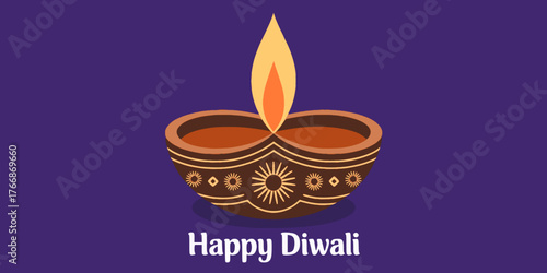 Warm glow of traditional diya illuminates festive spirit for a joyous Happy Diwali celebration with bright flame and intricate design