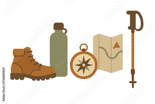Essential outdoor adventure equipment including hiking boot water bottle compass map and trekking pole