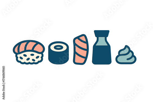 Various sushi pieces with soy sauce and spicy green paste icons