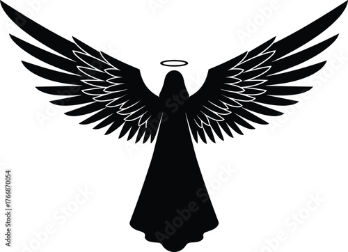 Angel silhouette with large wings and halo, spiritual religious icon, divine guardian figure, Christmas holiday decoration, cad drawing flat vector illustration