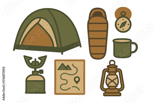 Essential outdoor camping and hiking equipment set featuring tent sleeping bag compass map and lantern
