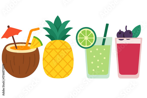 Refreshing tropical summer drinks including coconut cocktail, pineapple, and berry juice