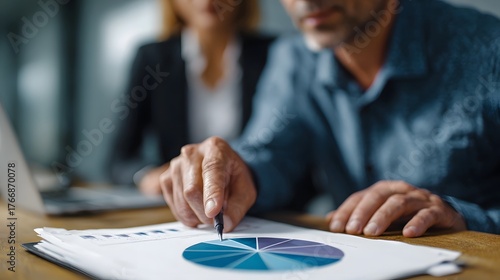 Professionals collaborating in an office analyzing a pie chart and data from a document during a business meeting