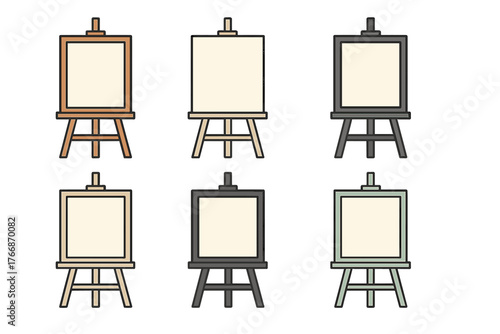 Six wooden easels holding blank canvases in various colors ready for artistic creation