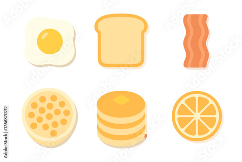 Essential breakfast food icons set featuring fried egg, crispy bacon, stack of pancakes, and toast slice