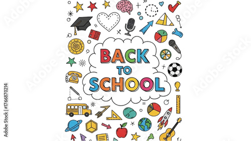 Back to School Doodle Illustration — Colorful Hand-Drawn Icons, Bold Lettering, and Fun School Elements on White Background