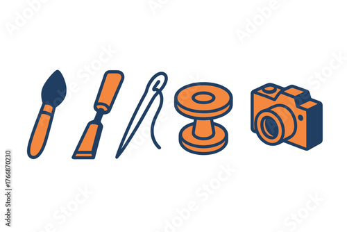 Set of creative tools: paintbrush, chisel, sewing needle, thread spool, and camera equipment