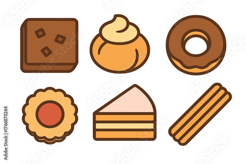 Variety of delicious sweet treats and pastries including donut, cake slice, and brownie