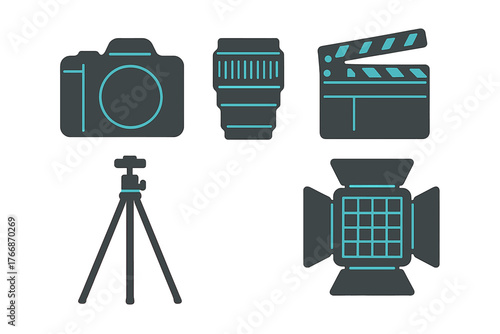Photography and filmmaking equipment icons: camera, lens, tripod, clapperboard, and studio light