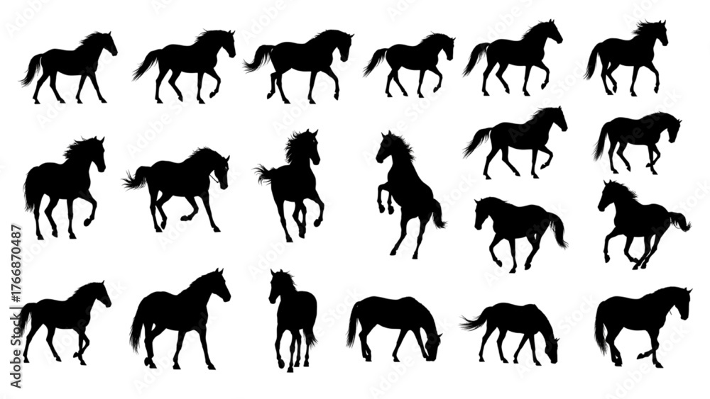 Fototapeta premium Horse Silhouettes Set — Twenty Black Horse Poses in Motion on White Background, Minimalist Flat Vector Design