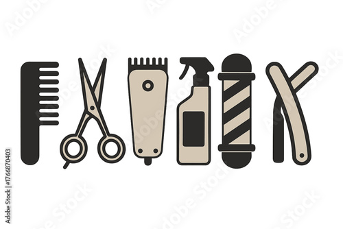 Collection of professional barbershop tools including comb, scissors, clipper, spray, pole, and razor