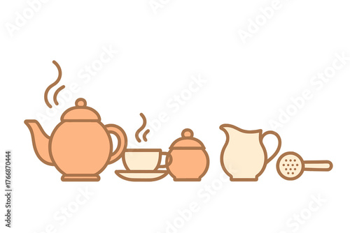 Minimalist design of a hot tea service setup including teapot, teacup, sugar bowl, creamer, and strainer