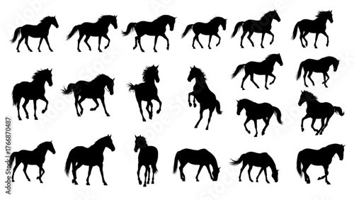 Horse Silhouettes Set — Twenty Black Horse Poses in Motion on White Background, Minimalist Flat Vector Design