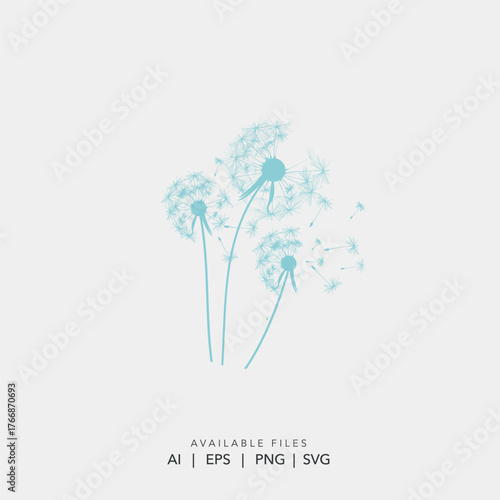 Minimalist light blue dandelion logo template vector, Elegant line art wish flower symbol on white background