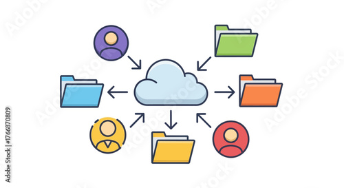 Cloud computing concept showing users and folders connected for data sharing and storage.