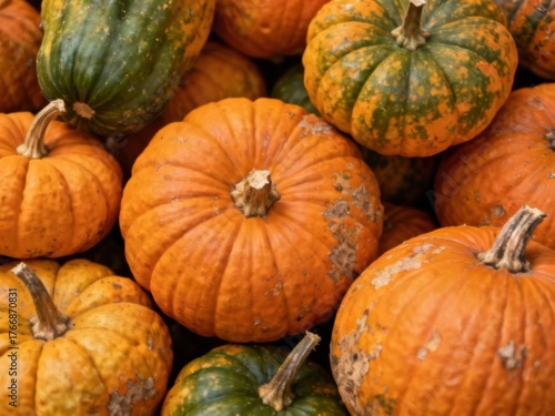 Close up photo of colorful and bright pumpkin assortment harvest fresh produce 
