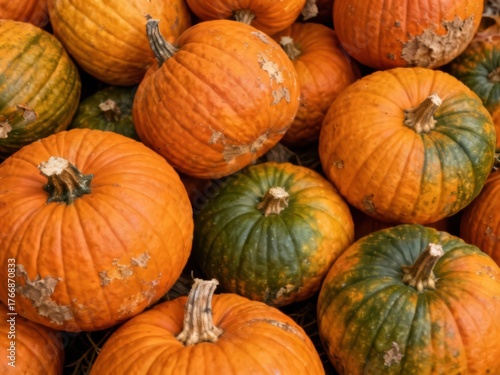 Close up photo of colorful and bright pumpkin assortment harvest fresh produce 