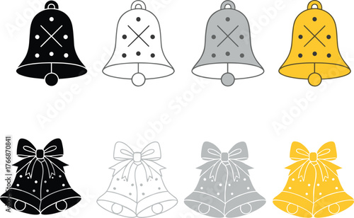 Christmas bell illustration collection, holiday decoration vector set, festive ribbon design, seasonal ornament artwork, black gold flat cad drawing