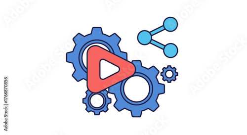 Illustration of gears, a play button, and a share icon representing video processing and sharing.