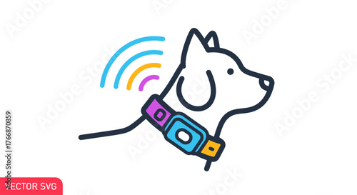Illustration of a dog wearing a GPS tracking collar, with signal waves.
