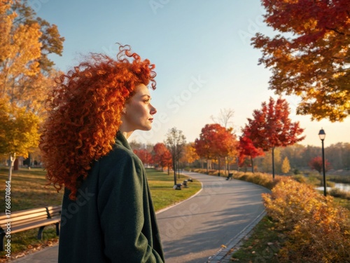 Beautiful ginger red haired woman walking in a park on a sunny autumn day on a sunset