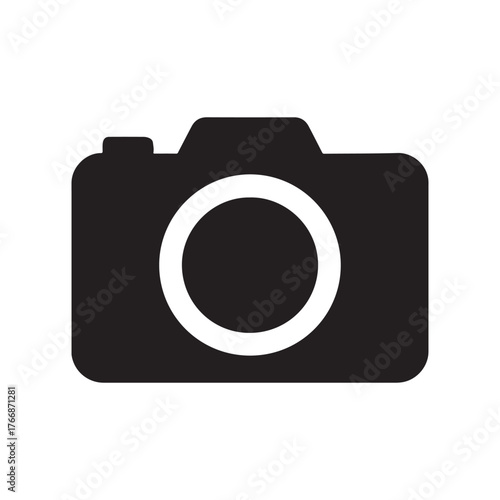 Minimalist monochrome silhouette of a digital camera with a circular lens representing photography and visual media vector