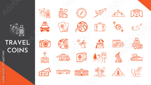 Travel Coins Icons Adventure Destination Exploration Journey Line Art Vector Illustration