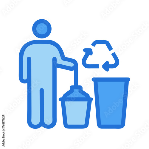 A simple blue icon illustration of a person recycling waste materials