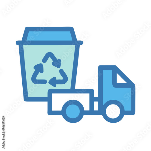 Recycling truck delivering waste with recycling symbol against black background, environmental conservation.