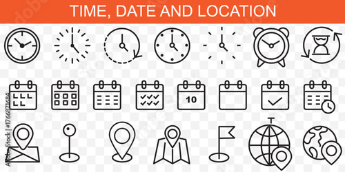 Time date address icon set collection vector illustration. Event icons vector. Location, Calendar & clock icon. Clock, pin map location, and calendar signs set. Business schedule icons clock calendar.
