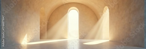 Sunbeams Illuminate Serene Minimalist Chapel Natural Light Bathes Sacred Space, Fostering Contemplation and Inner Peace.  Architecture Inspires Spiritual Reflection and a Journey of Faith.